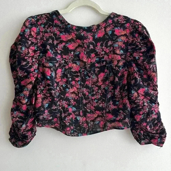 Free People Monica Top, Floral Open Back Puff Sleeve Cinched Waist Blouse Med - Picture 5 of 16